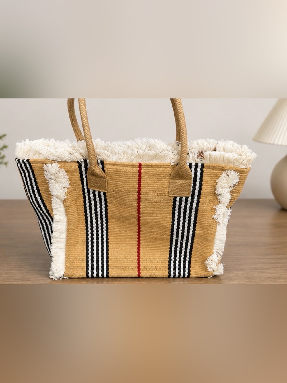 Fringe-Trim Woven Tote in Tan with Black, White & Red Accents